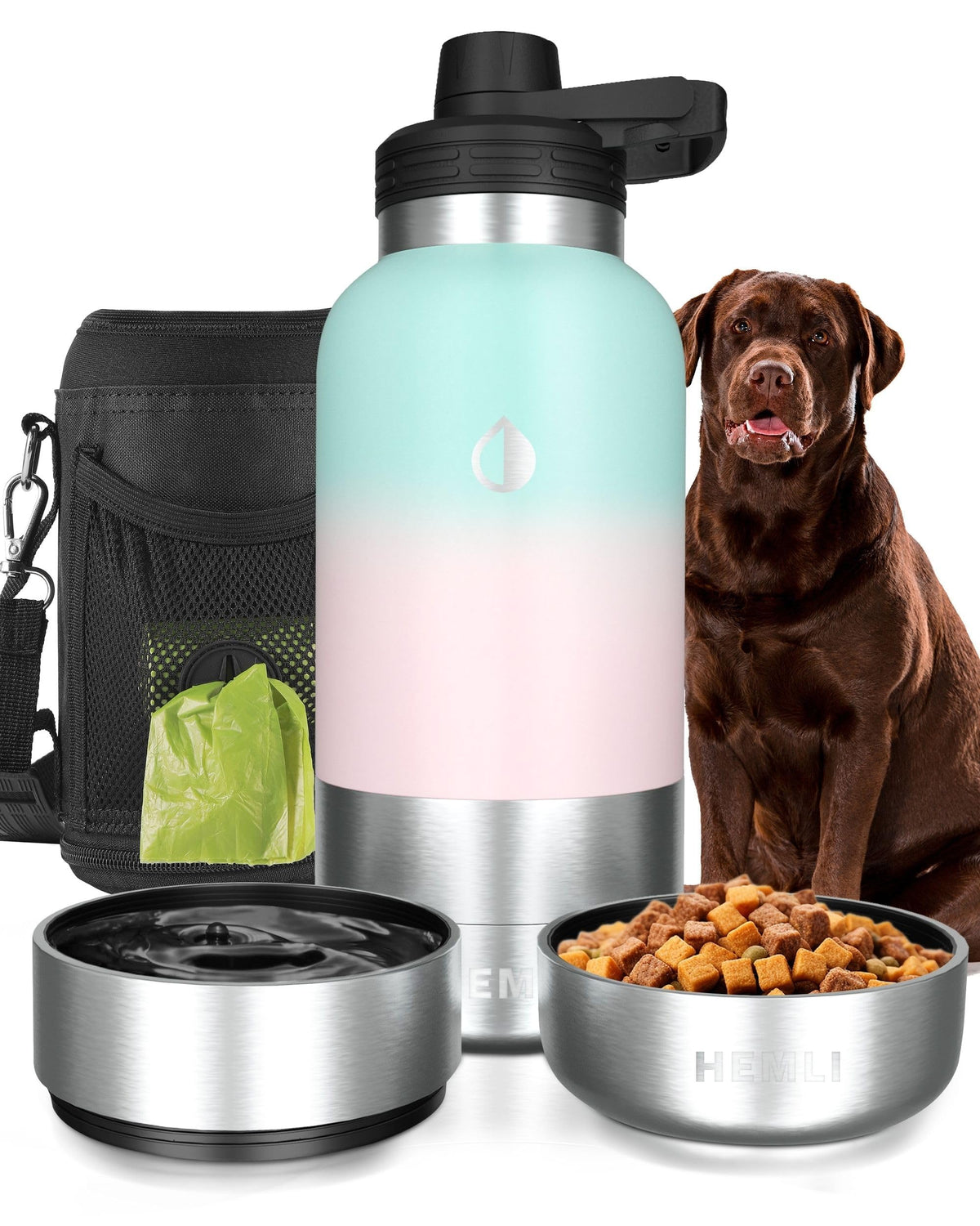 HEMLI Insulated Dog Travel Water Bottle with Bowls – 32 oz