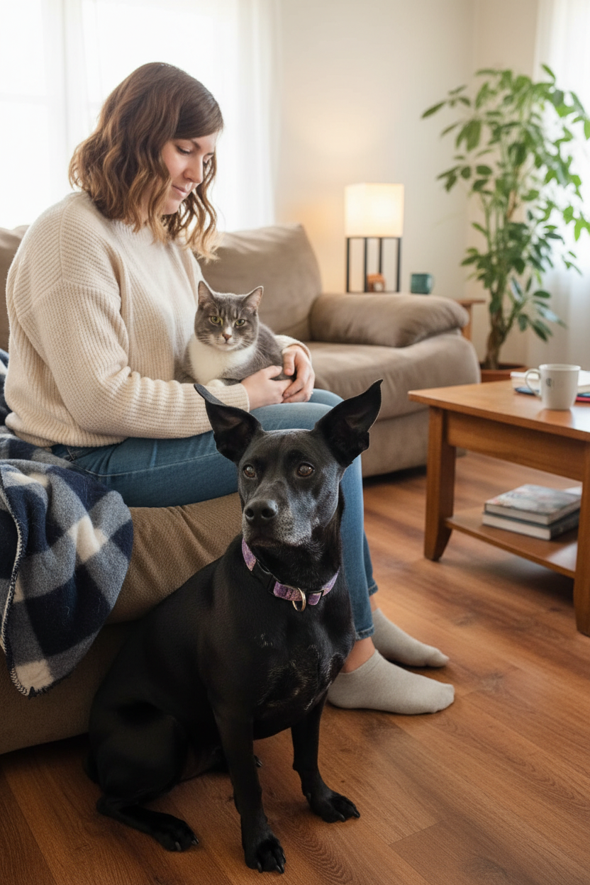 Woman on sofa with one gray cat on lap and one black dog on floor